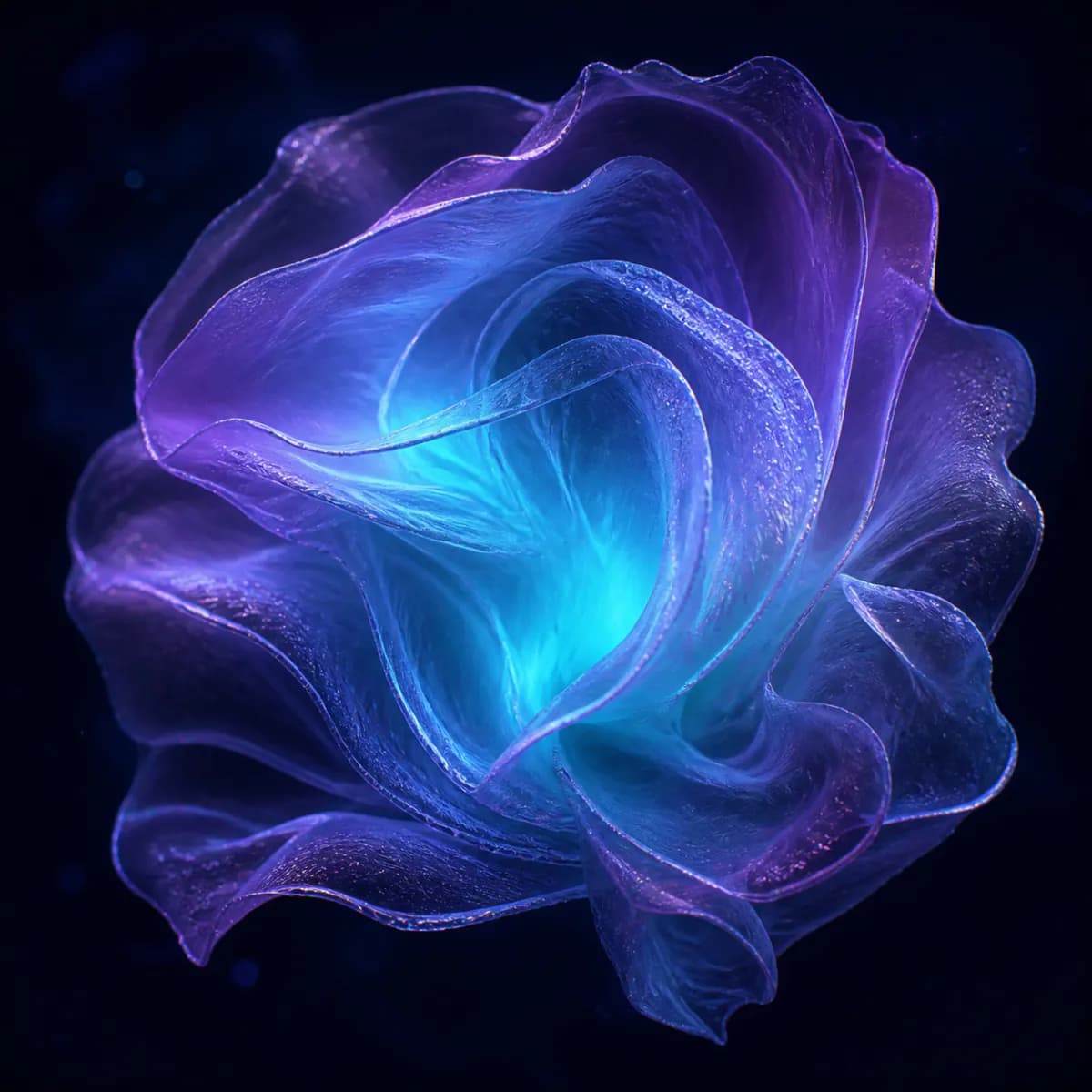 Iridescent translucent membranes folding around a cyan luminous core.