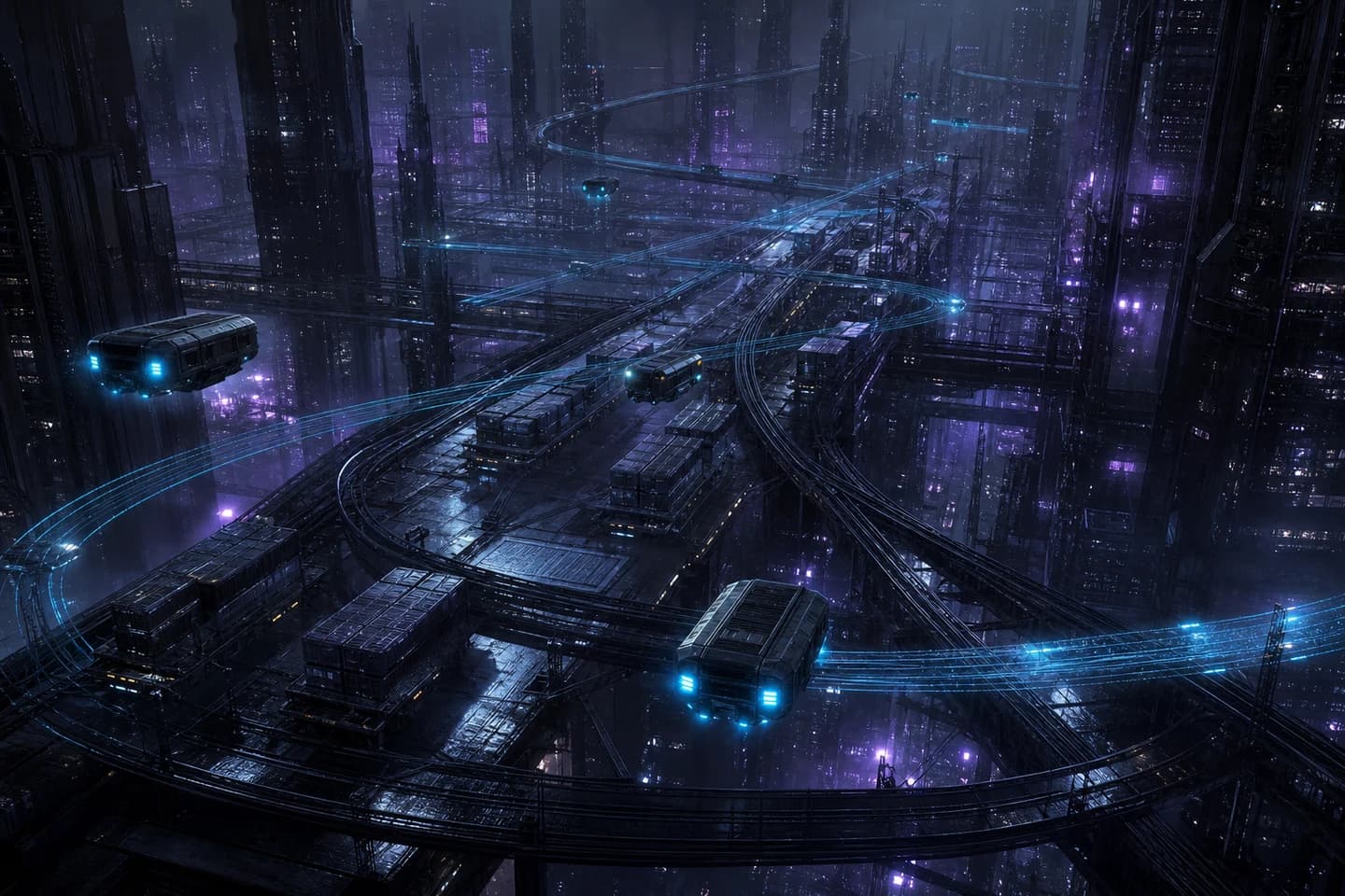 Autonomous cargo drones crossing a rain-soaked aerial freight interchange.