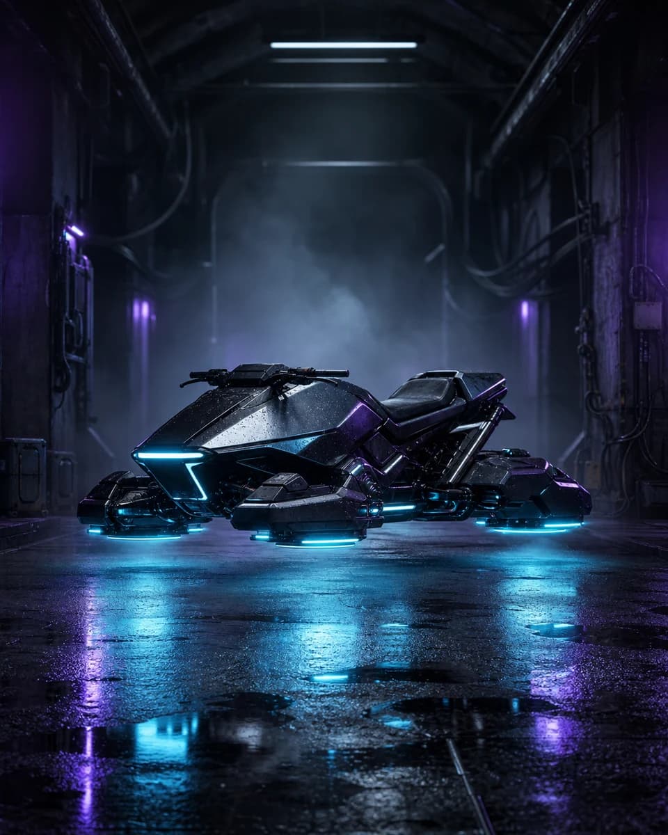 Riderless black hoverbike displayed in a rain-lit underground bay.