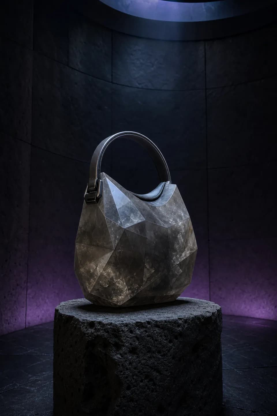 Faceted smoky mineral handbag on a rough basalt pedestal.
