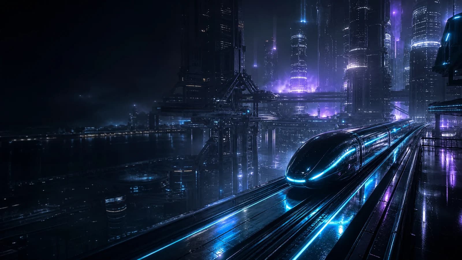Unmanned maglev train crossing a rain-lit cyberpunk megacity.
