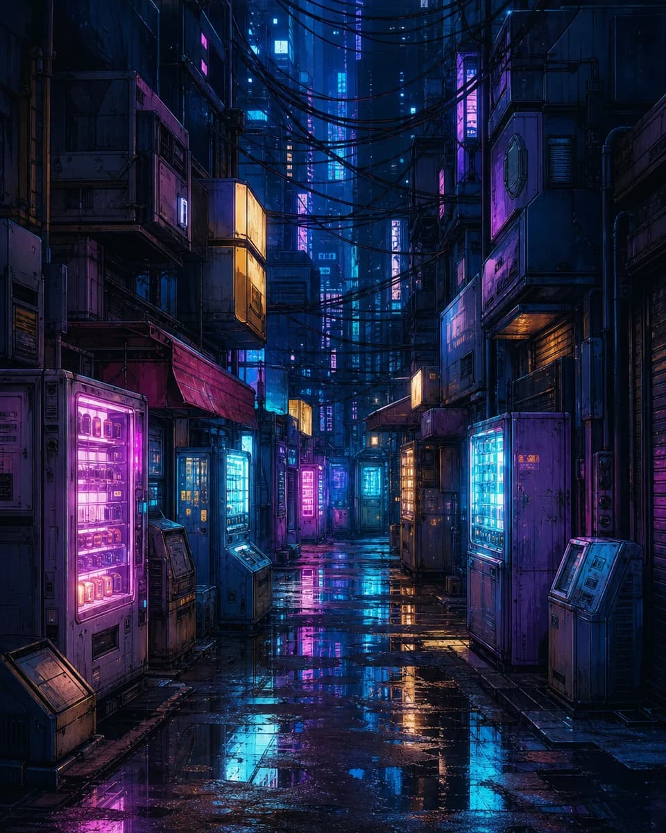 Deserted retro-futurist signal alley lined with luminous vending machines.