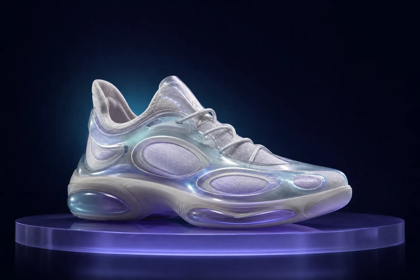 Translucent biomorphic trainer on a violet studio plinth.