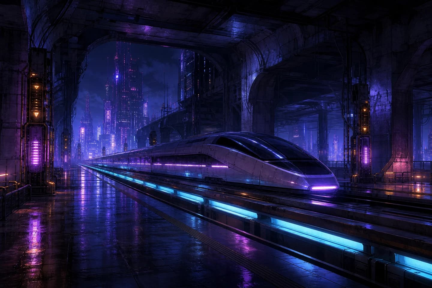 Unmanned maglev train waiting inside a violet-lit concrete terminal.