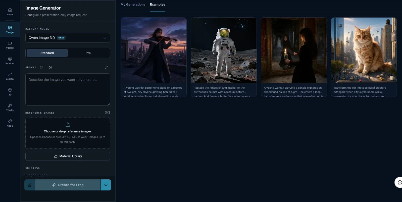 3dance Image Generator workspace with model, Prompt, reference, Examples, and My Generations regions