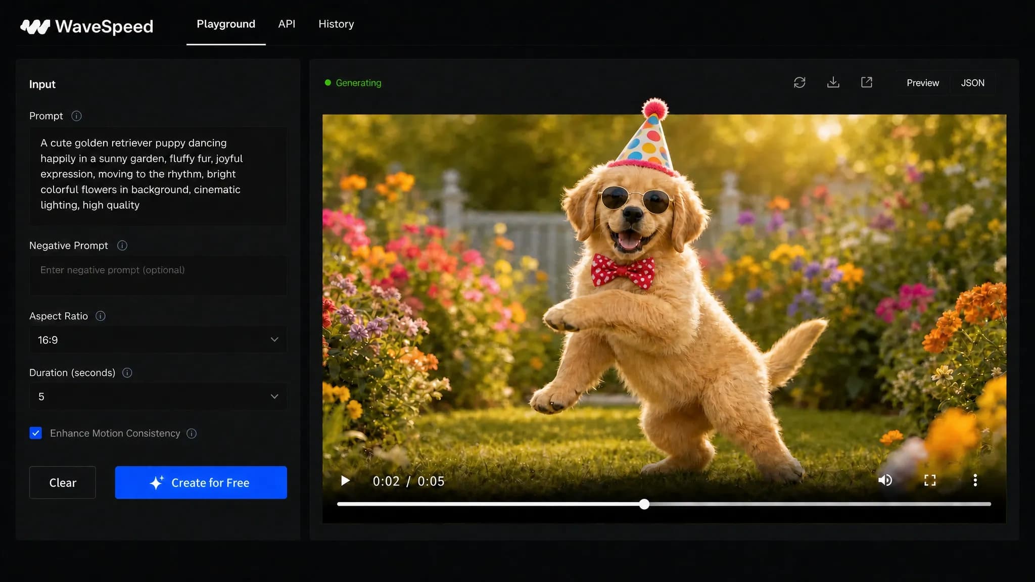 AI video workspace showing generation controls and a finished cinematic clip