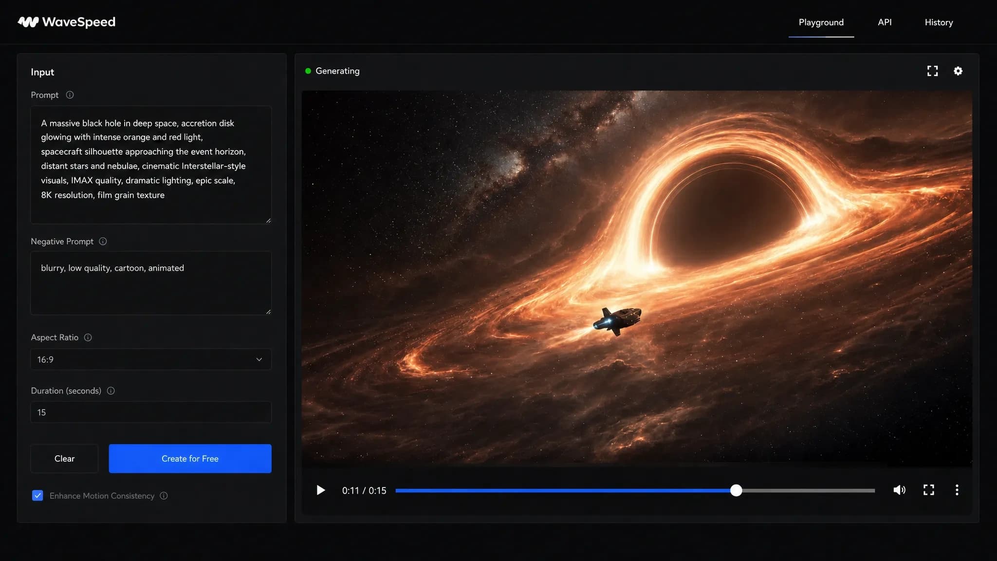 Text-to-video workflow turning a cinematic prompt into a space scene