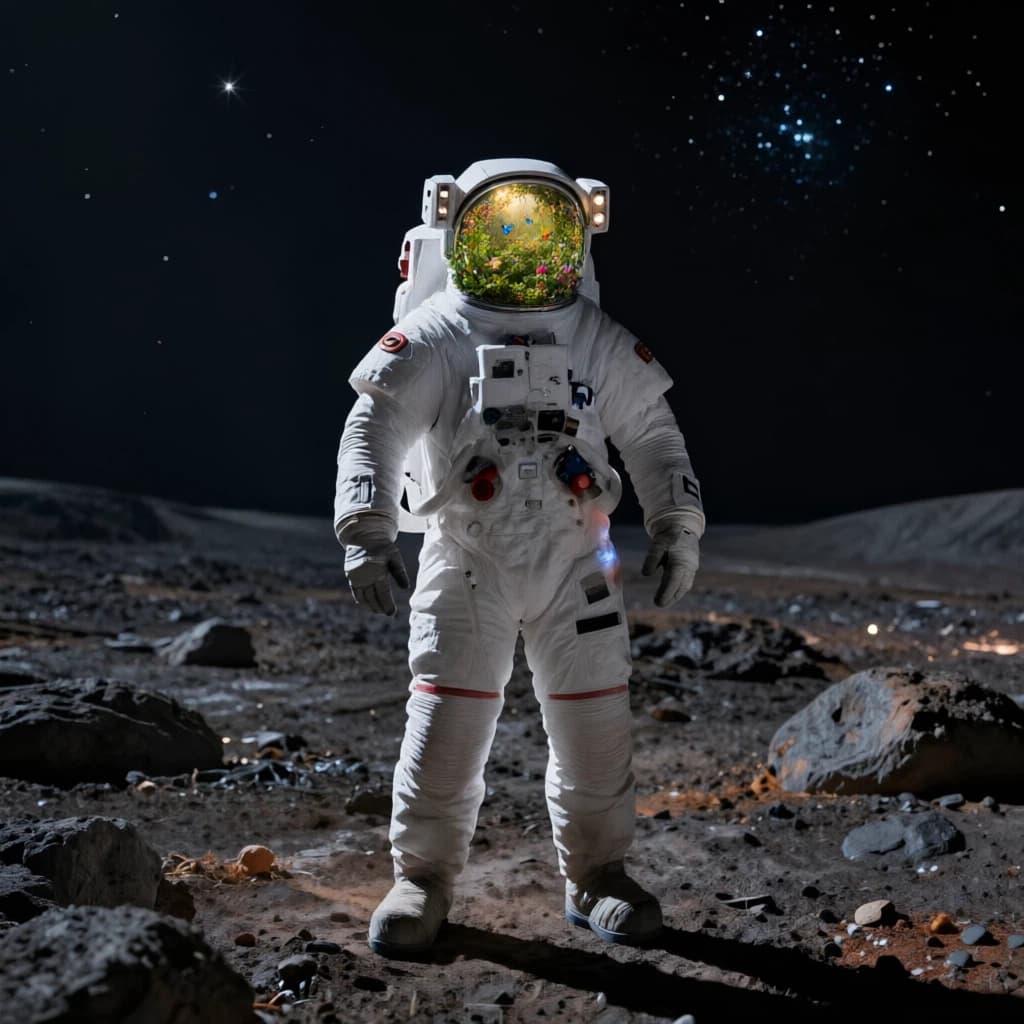 An astronaut whose helmet contains a miniature garden