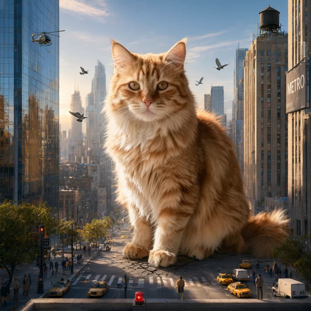 A colossal cat sitting among city skyscrapers