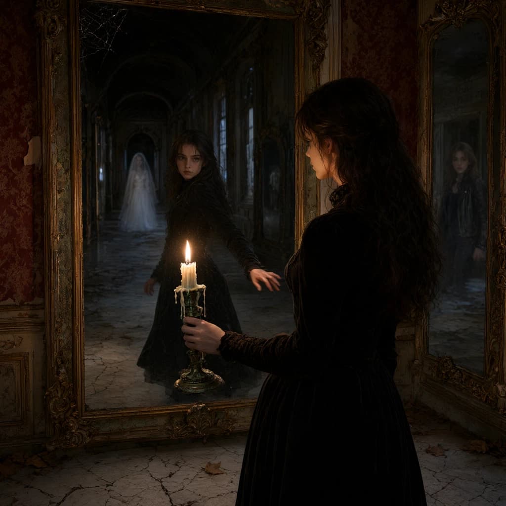 A candlelit woman in an abandoned hall of mirrors