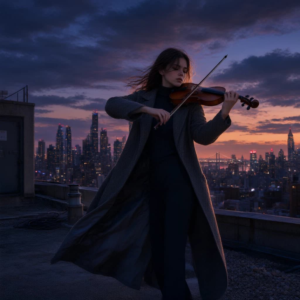 A violinist performing on a rooftop at twilight